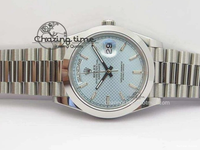 0112 DayDate 40mm BP-Maker 228206 SS Ice Blue Stick Dial (Smooth Bezel) On SS Bracelet ETA FreshLook 3913